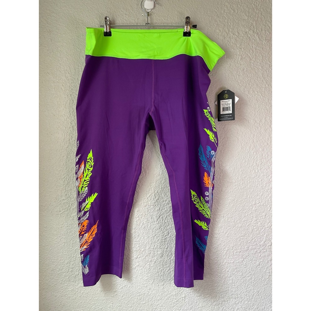 NWT Zumba Wear Crop Leggings Purple Neon Green XXL 36 Waist